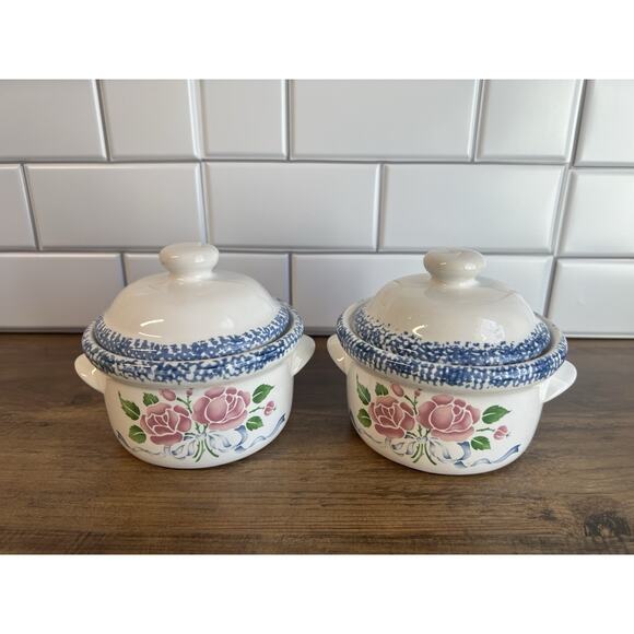 Vintage Set 2 Crock Soup/Chili Bowls, Stoneware Floral Pink Roses w/ Blue Trim - Picture 1 of 7